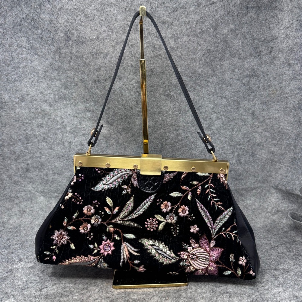 Patricia Nash Ferrara Frame Stachel Velvet Black Floral Boho Embroidered